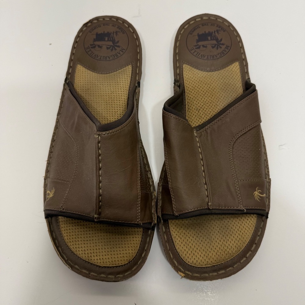 Margaritaville Mens 13 Brown Leather Slide Sandals MFM181314 Tropical Beach Shoe